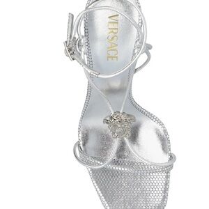 Versace Silver Medusa Accent Metallic Strappy Heel Sandal